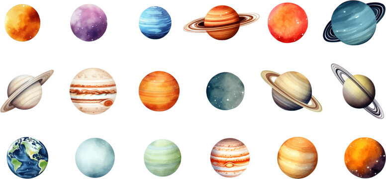 planets set in the style of photo-realistic compositions, rtx on, realistic watercolor paintings, lightbox, saturno butto, transcendent