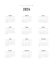 2024 calendar minimalist on Italian language with italian holidays.  - obrazy, fototapety, plakaty