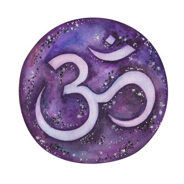 recommend clip art: Watercolor illustration. Hand painted om symbol in circle in purple, blue, black, violet colors. Sacred sound of religion, mantra. Space colors of starry night. Isolated clip art for banners, posters