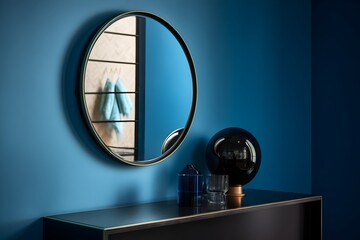 Fashioned bathroom in blue shades, bathroom mirror