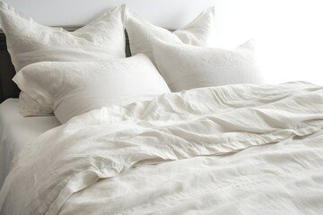 Large white bed with white linens, white bed made up, a bed with pillows