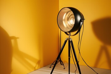 Studio lamp on a yellow wall background, tripod on a yellow background
