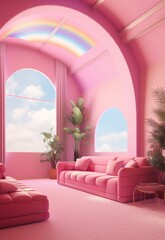 A rainbow brightens up this pink furnishings in a hotel room the wall stands out with its unique decor sink into the plush couches and pillows