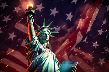 Statue of Liberty on American flag background with fireworks. 4th of July independence day greeting card banner template