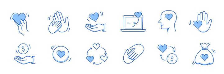 Charity hand, trust community doodle line icon. Charity community, partnership, people solidarity concept icon set. Hand drawn doodle sketch style line. Vector illustration