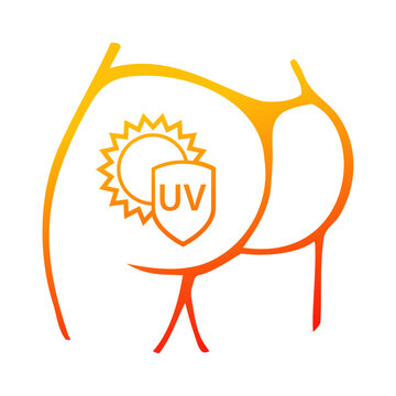Logo vacaciones de verano. Crema solar. Palabra UV en escudo con sol en silueta de culo de mujer con tanga	