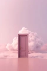 Fototapete Hell-pink The concept of a door against the background of a cloud and sky in an unreal future, landscape, scene. The idea of new beginnings and the unknown is minimal. Generated AI.
