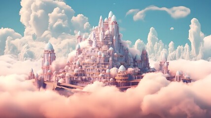 An unreal castle in pink pastel clouds, a romantic concept of prsichic waves of surreal and mental health. Generated AI