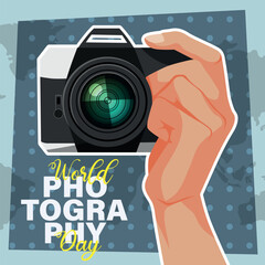 poster and banner design for world photography day commemoration. illustration of a hand holding a camera