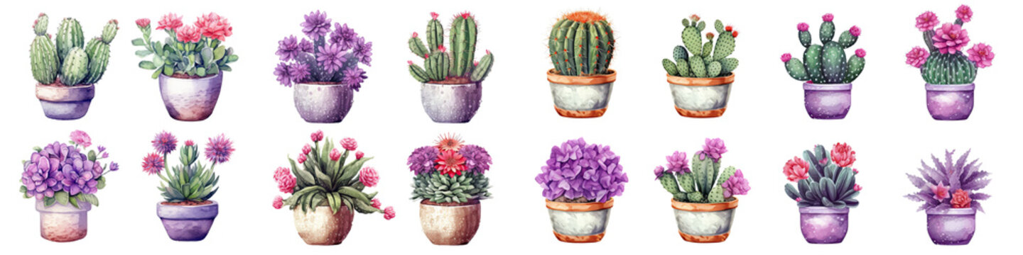 Watercolor set of purple cactus flowers clip art illustration transparent background, PNG 
