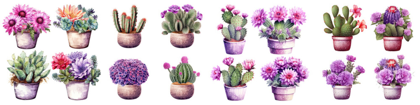 Watercolor set of purple cactus flowers clip art illustration transparent background, PNG 
