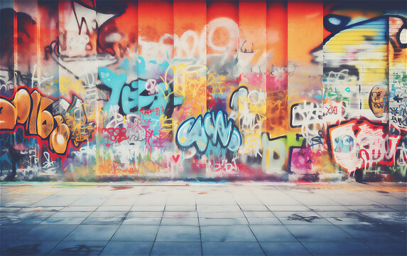 Urban colourful Graffiti Wall Backdrop. Ai generative.	
