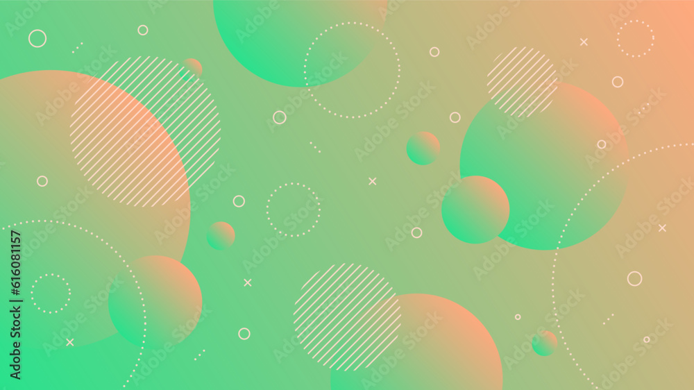 Wall mural modern abstract background with motion round retro memphis and green orange gradient color