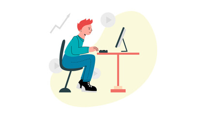 Flat vector illustration. Simple art. Person working drawing. Education, work, computer