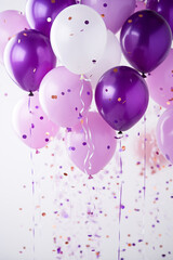 fliegende lila violet und weiße Party Ballons mit Konfetti. Generative Ai.