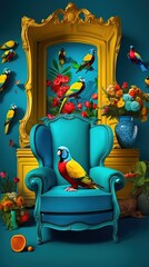 Sentimental rhapsody. Image reflects rhythm of life - beautiful chair, with leisurely parrots. Surreal, colorful illustration. Stil life. Generative AI