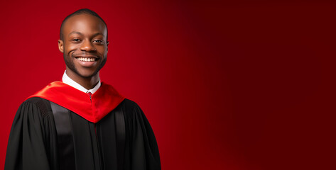 Obraz premium a smiling young men wearing a prosecutor's robe clothes in dark red background generative ai