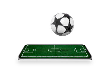 Smart phone with soccer field on screen with bouncy ball isolated, transparent. Footbal game concept