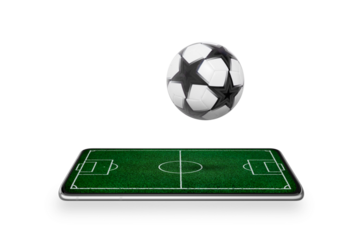 Smart phone with soccer field on screen with bouncy ball isolated, transparent. Footbal game concept