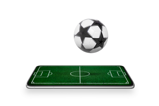 Smart phone with soccer field on screen with bouncy ball isolated, transparent. Footbal game concept