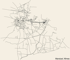 Detailed hand-drawn navigational urban street roads map of the MANDUEL COMMUNE of the French city of NÎMES, France with vivid road lines and name tag on solid background