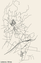 Fototapeta na wymiar Detailed hand-drawn navigational urban street roads map of the LÉDENON COMMUNE of the French city of NÎMES, France with vivid road lines and name tag on solid background