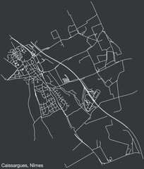 Detailed hand-drawn navigational urban street roads map of the CAISSARGUES COMMUNE of the French city of NÎMES, France with vivid road lines and name tag on solid background