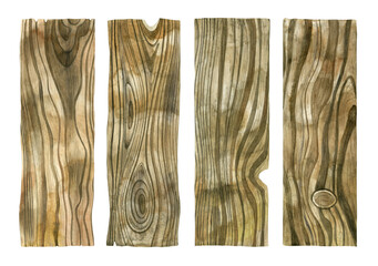 Watercolor illustration of wood texture. Set of hand drawn wooden planks isolated. 
