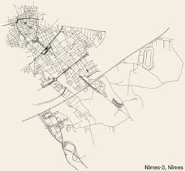 Fototapeta na wymiar Detailed hand-drawn navigational urban street roads map of the NÎMES-3 CANTON of the French city of NÎMES, France with vivid road lines and name tag on solid background