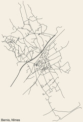 Detailed hand-drawn navigational urban street roads map of the BERNIS COMMUNE of the French city of NÎMES, France with vivid road lines and name tag on solid background