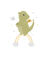 Childish vector illustration of cute green dragon sitting on a rainbow
