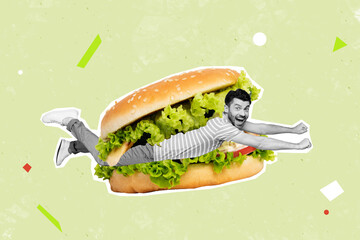 Artwork collage image of mini black white effect excited guy flying inside huge burger isolated on...