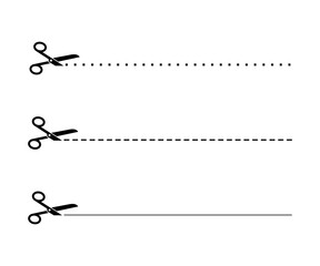 Scissors with cut lines vector icon. Scissors icon set isolated on white background