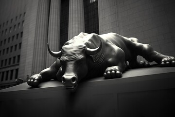 Exhausted bull, Defeated, Statue, Sculpture, Global stock markets, Financial, Business. The bull is exhausted and defeated. Global stock markets collapse in a 1929 economic crisis style. Generative AI - obrazy, fototapety, plakaty