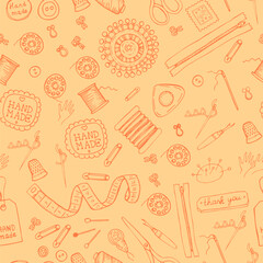 Vector seamless pattern with tools and accessories for sewing on yellow background