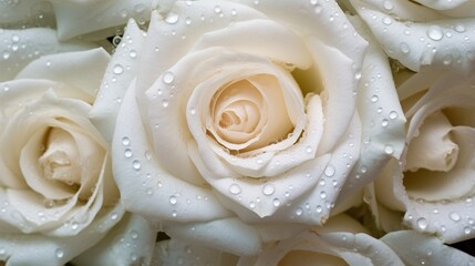 White Roses flowers with water drops background. Closeup of blossom with glistening droplets. Generative AI