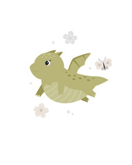 Colorful kids illustration of adorable greeen dragon flying in the sky