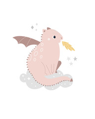 Childish cute illustration with adorable pink dragon breathing fire.