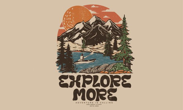 Explore more vector print design for t shirt and others. Mountain graphic print design for apparel, stickers, posters and background. Adventure artwork. 