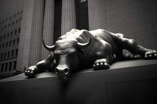 Exhausted bull, Defeated, Statue, Sculpture, Global stock markets, Financial, Business. The bull is exhausted and defeated. Global stock markets collapse in a 1929 economic crisis style. Generative AI