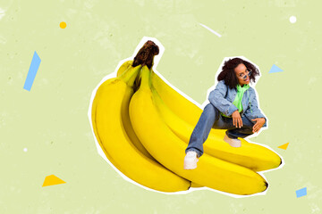 Composite collage image of positive mini girl sitting huge banana fruit isolated on creative...