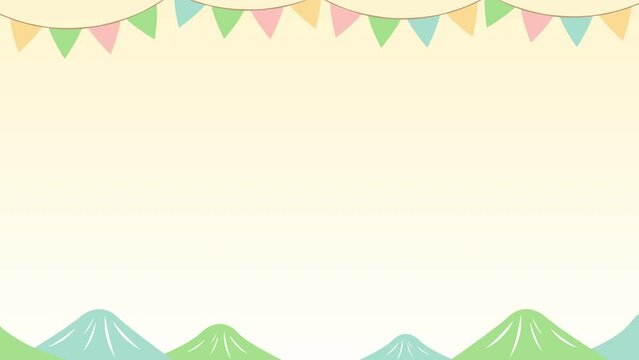 夏の自然・キャンプ・野外フェスや屋外イベントテーマの山とガーランドのコピースペースのある背景ループアニメーション