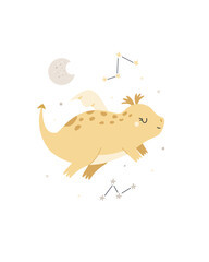 Childish illustration with cute yellow dragon flying among stars and moon