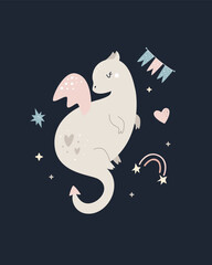 Fototapeta premium Colorful vector illustration on dark blue background with adorable dragons and cute elements