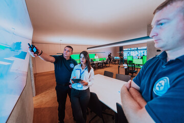 Group of security operators working in a data system control room Technical Operators Working at...