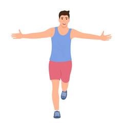 Fototapeta na wymiar Happy young man running and celebrating with arms raise. Vector illustration isolated on white background