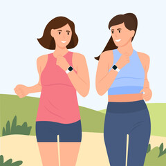 .Women in sportswear jogging, doing fitness exercises. Sport activity, healthy lifestyle. Flat vector cartoon illustration .