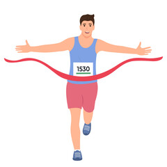 Man Crossing Finish Line.  Professional Sportsman, Winner Run Race. Vector Illustration isolated on white background