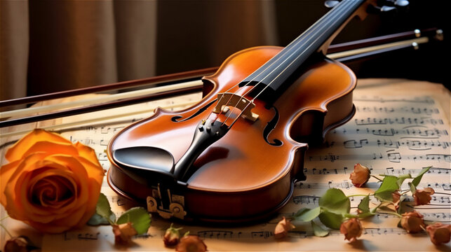 Amazing Photo of a Violin with Roses . Music lovers Background.