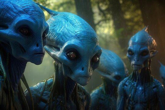 blue aliens reaches planet earth from distant galaxy illustration generative ai